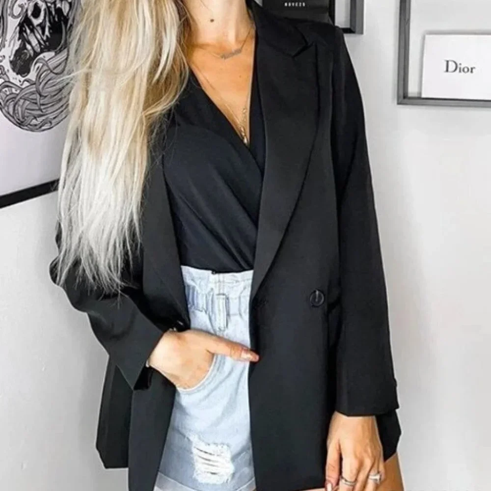 Double Breasted Lapel Neck Blazer black